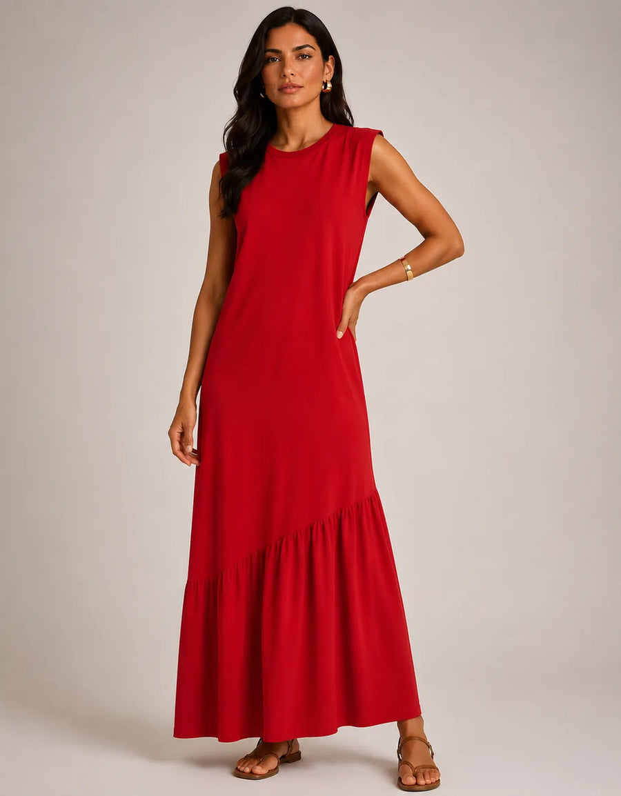 Vestido Longo Feminino Regata Babado Assimétrico Algodão Vermelho