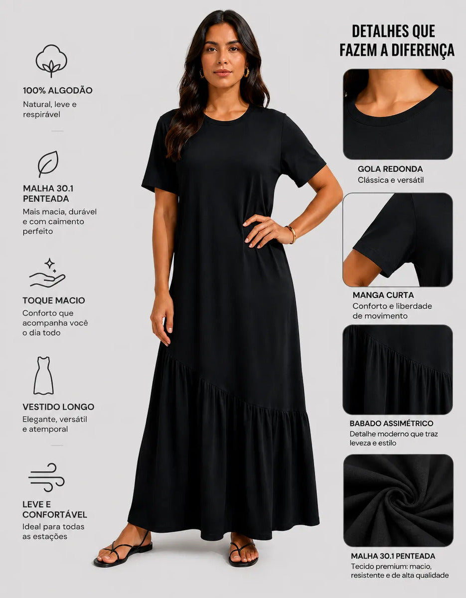 Vestido Longo Feminino Babado Assimétrico Malha Algodão Preto