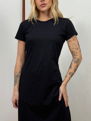 Vestido Mid Camiseta Com Fenda Aveloz Preto