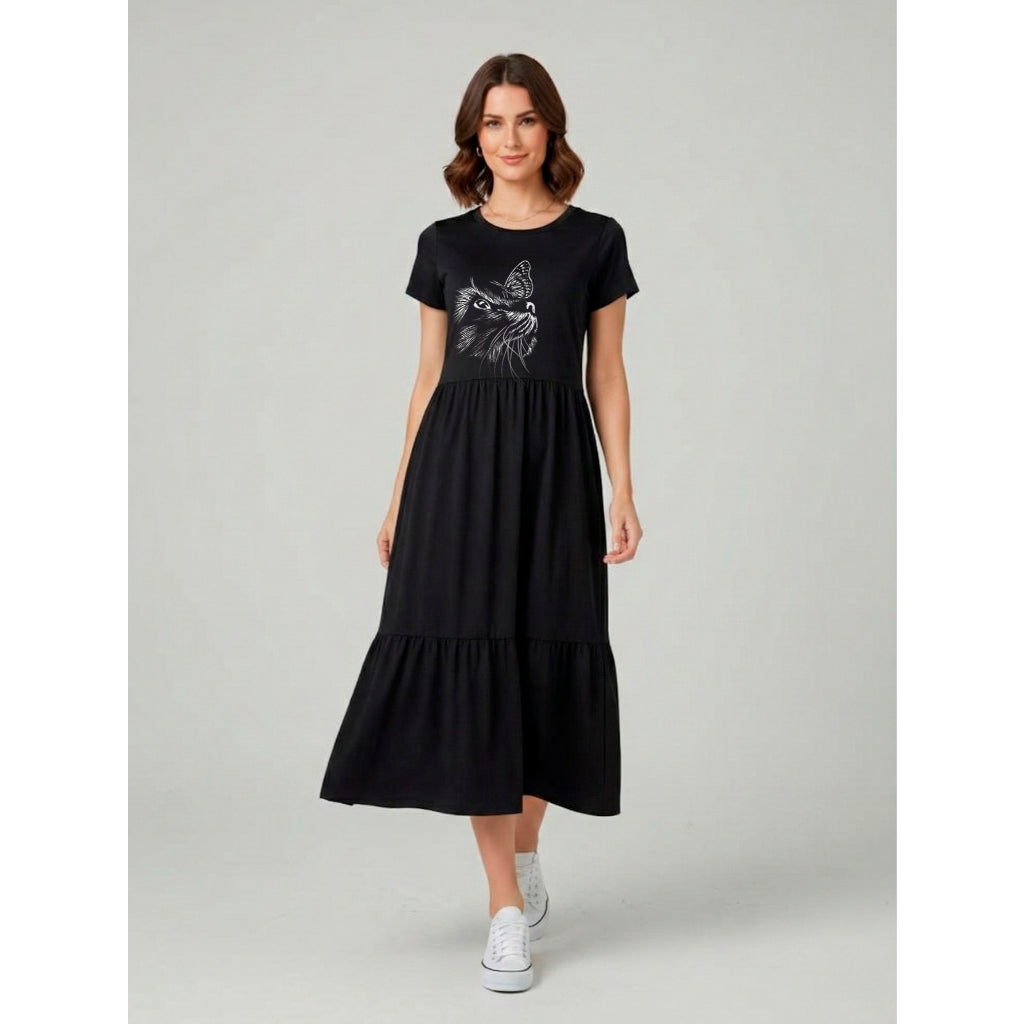 Vestido Midi Três Marias Feminino Aveloz de Algodão Estampa Gato Animal Print