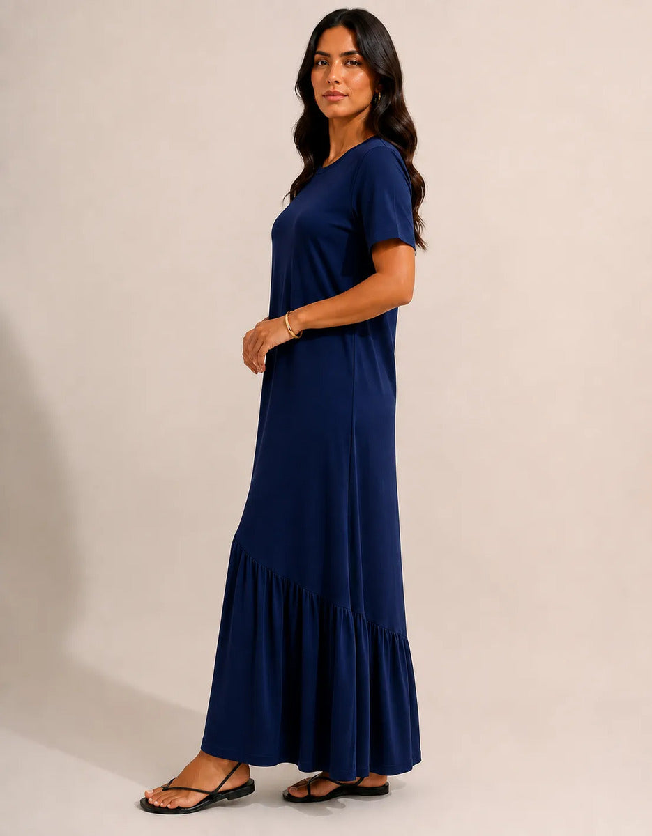 Vestido Longo Feminino Babado Assimétrico Malha Algodão Azul-marinho