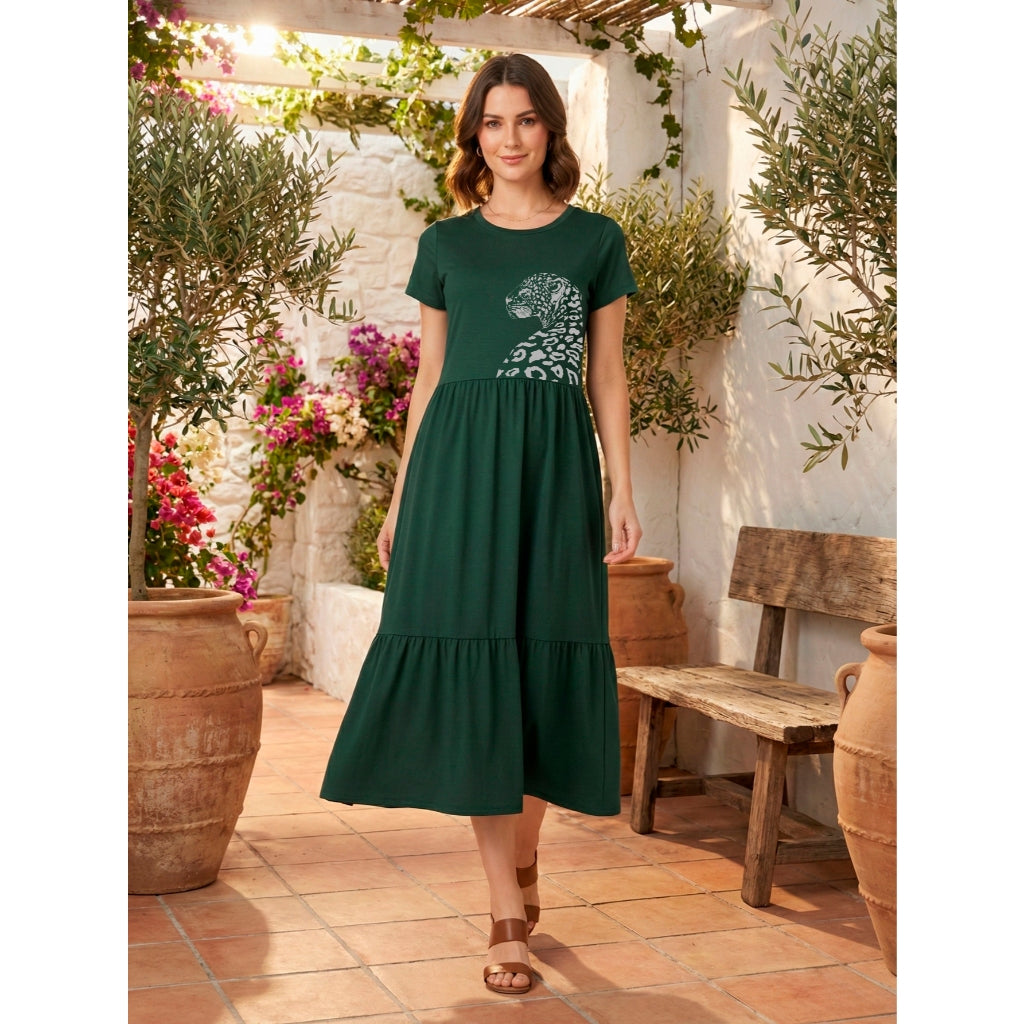 Vestido Midi Três Marias Feminino Aveloz de Algodão Estampa Onça Pintada Animal Print