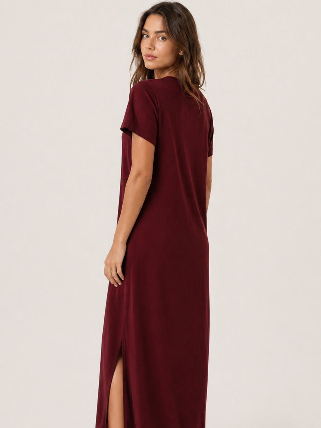 Vestido Longo de Algodão com Bolso Decote V Bordô