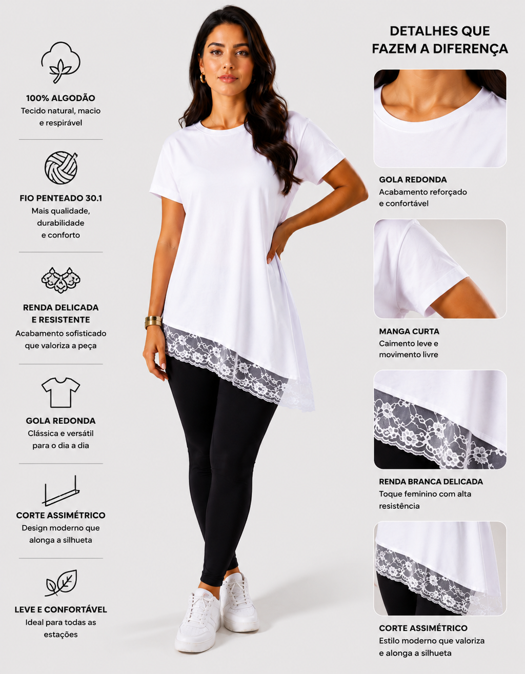 Blusa Assimétrica Feminina com Renda Branca