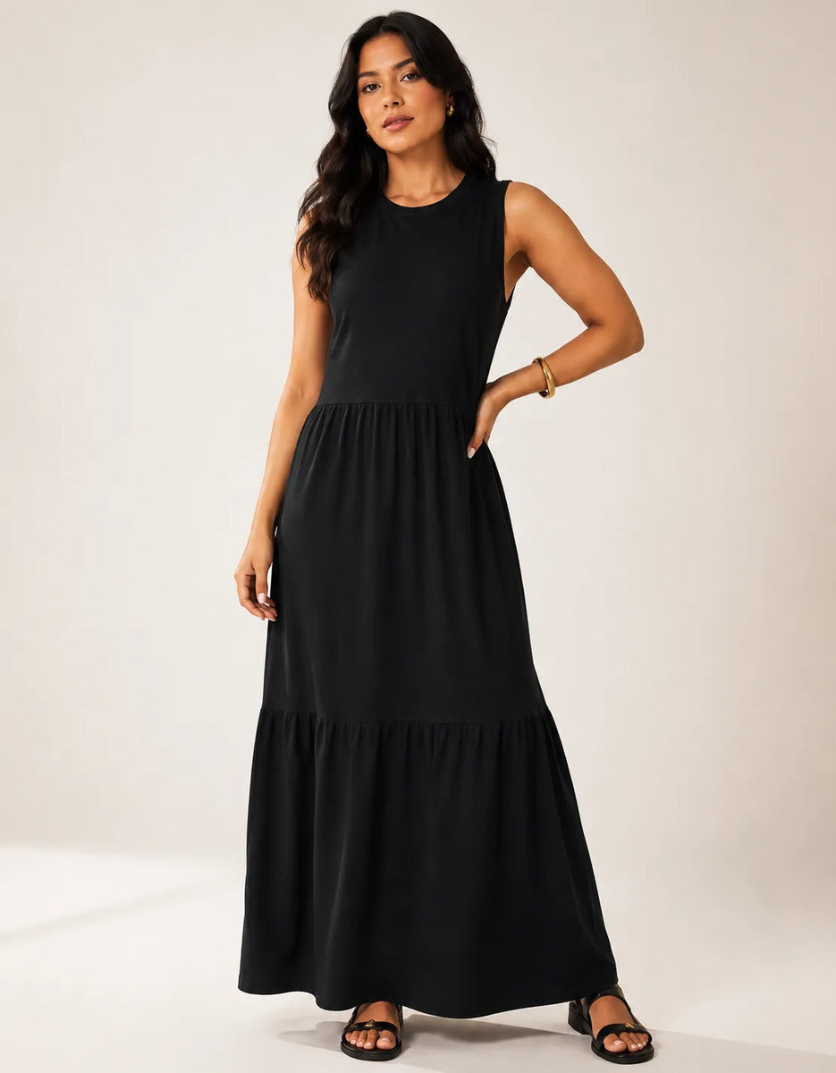 Vestido Longo Feminino Regata Três Marias Algodão Soltinho Preto
