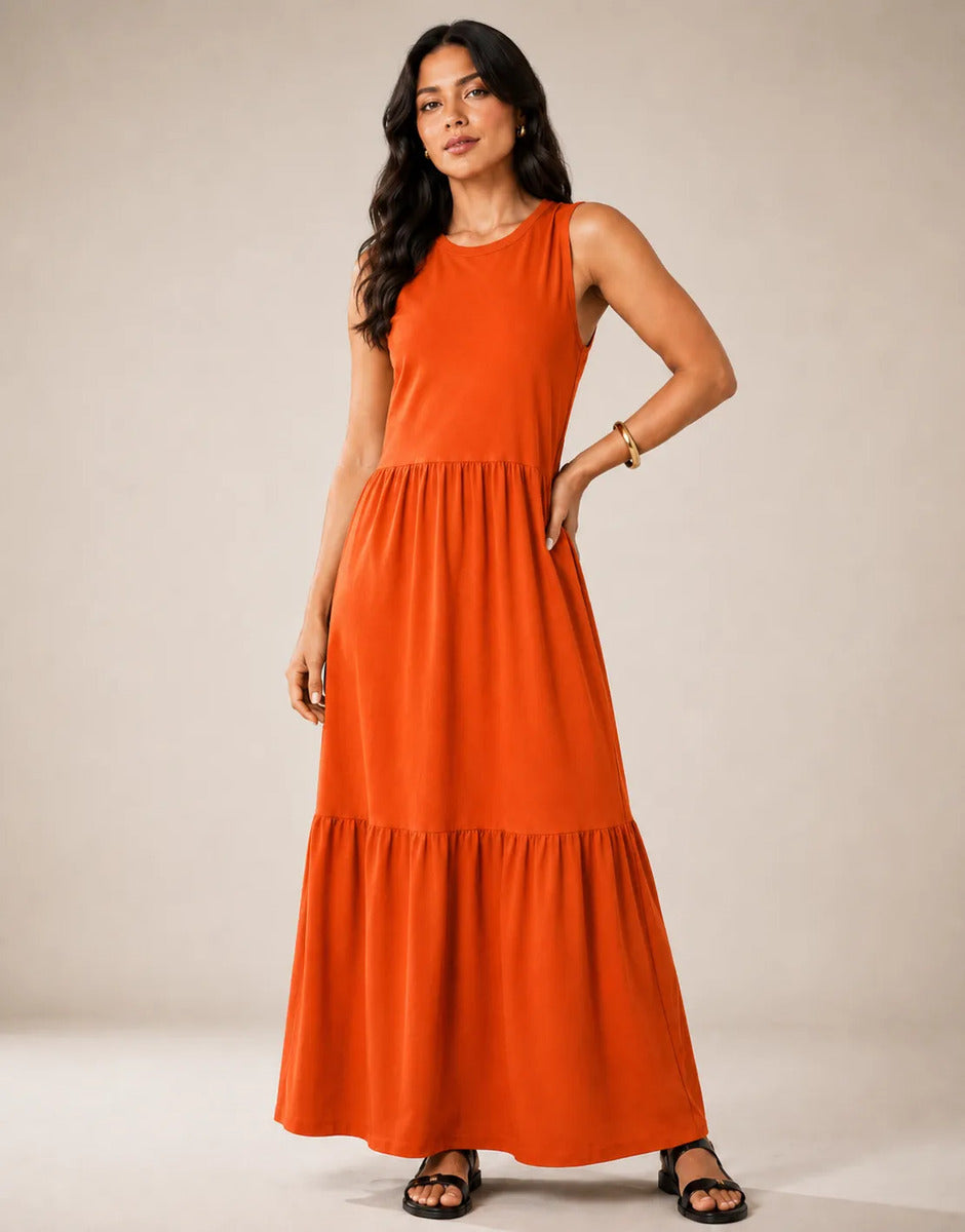 Vestido Longo Feminino Regata Três Marias Algodão Soltinho Laranja