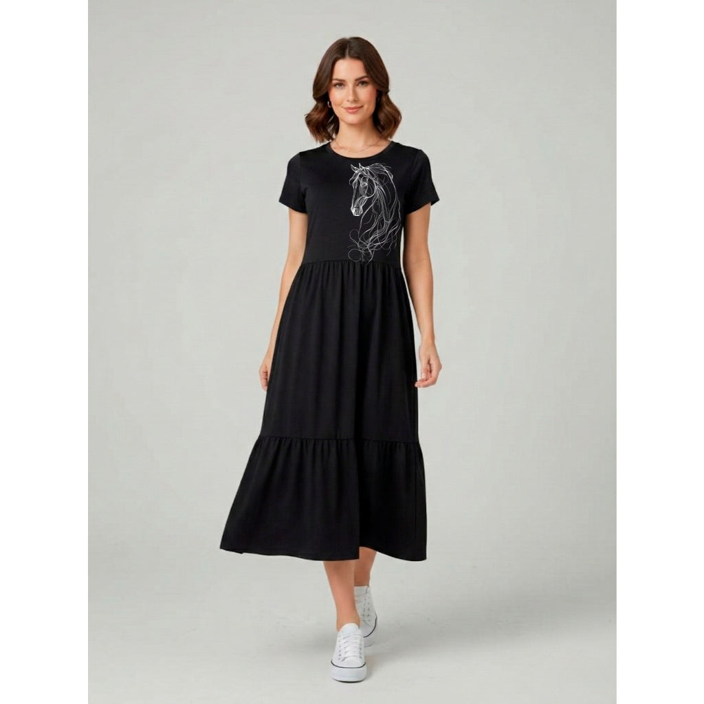 Vestido Midi Três Marias Feminino Aveloz de Algodão Estampa Cavalo Animal Print