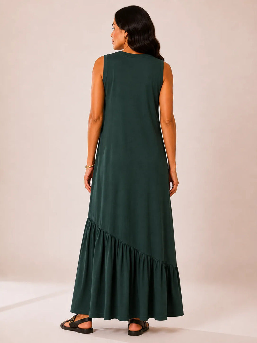 Vestido Longo Feminino Regata Babado Assimétrico Algodão Verde-escuro