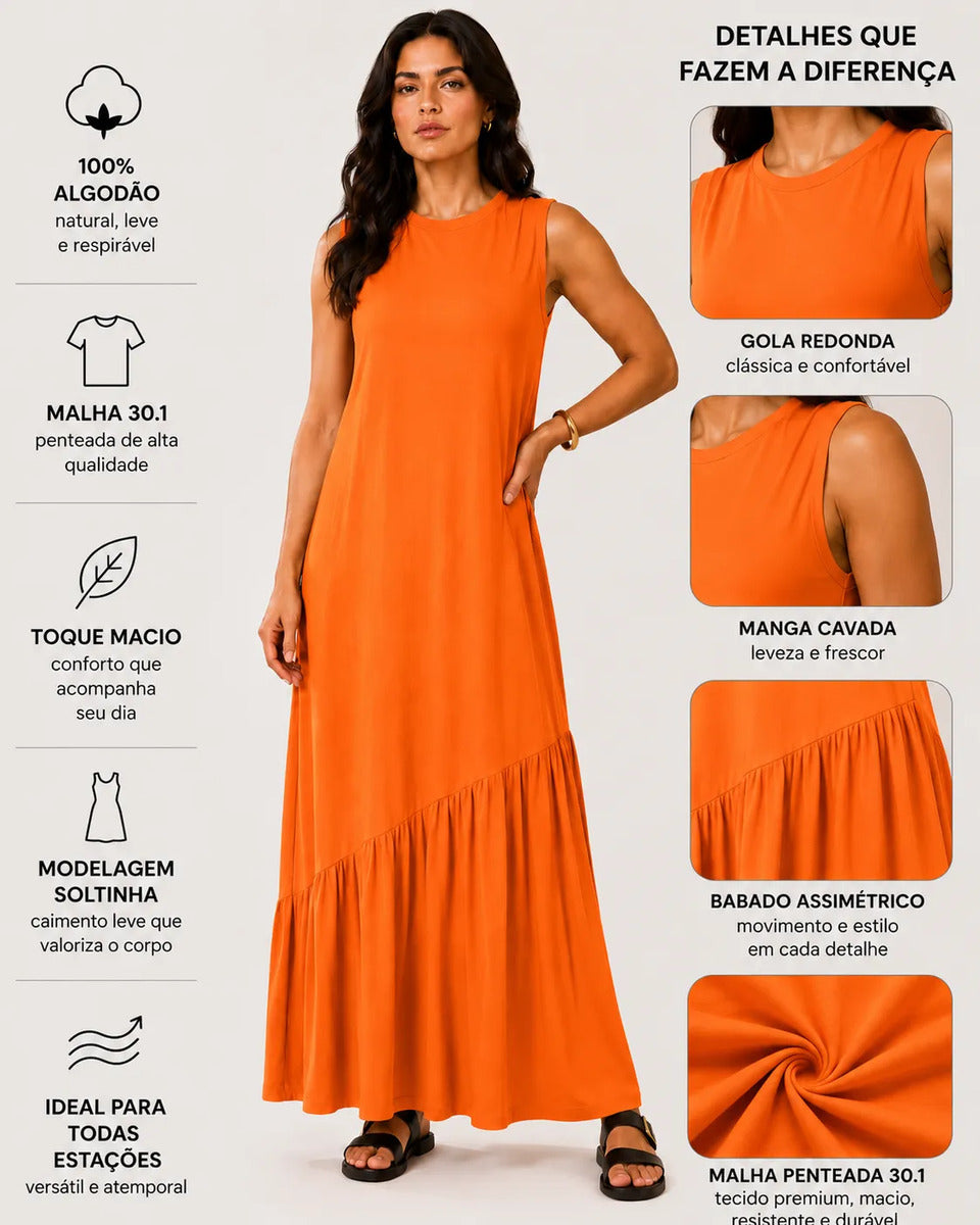 Vestido Longo Feminino Regata Babado Assimétrico Algodão Laranja