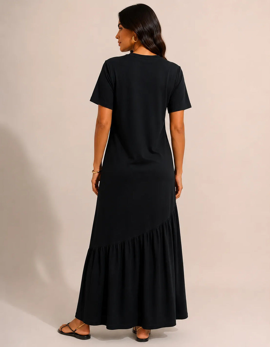 Vestido Longo Feminino Babado Assimétrico Malha Algodão Preto