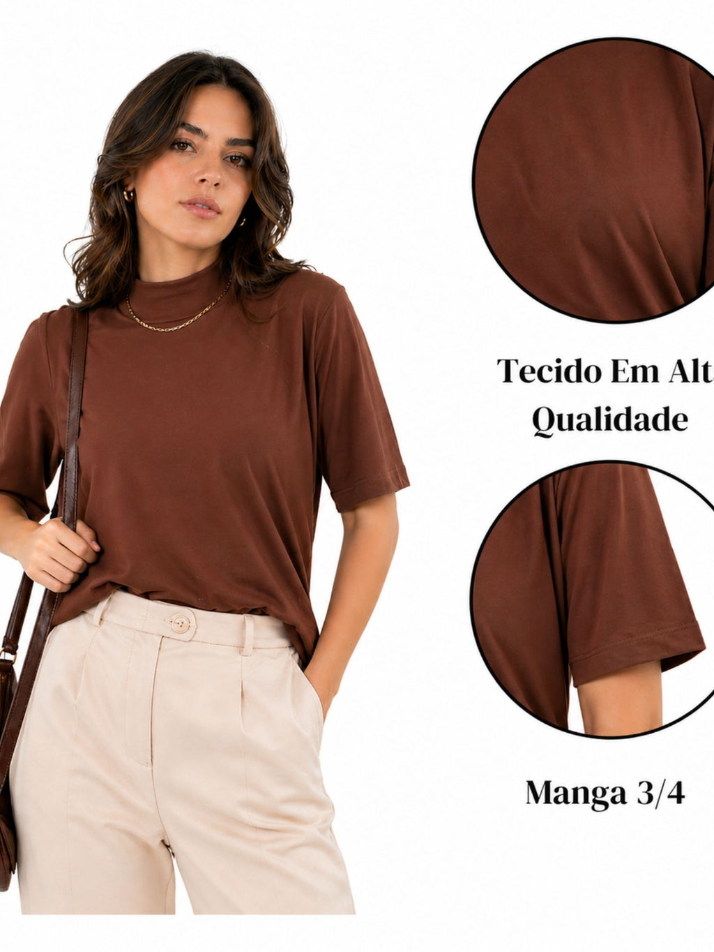 Camiseta Feminina T-shirt Aveloz Gola Alta E Manga 3/4 Marrom Escuro