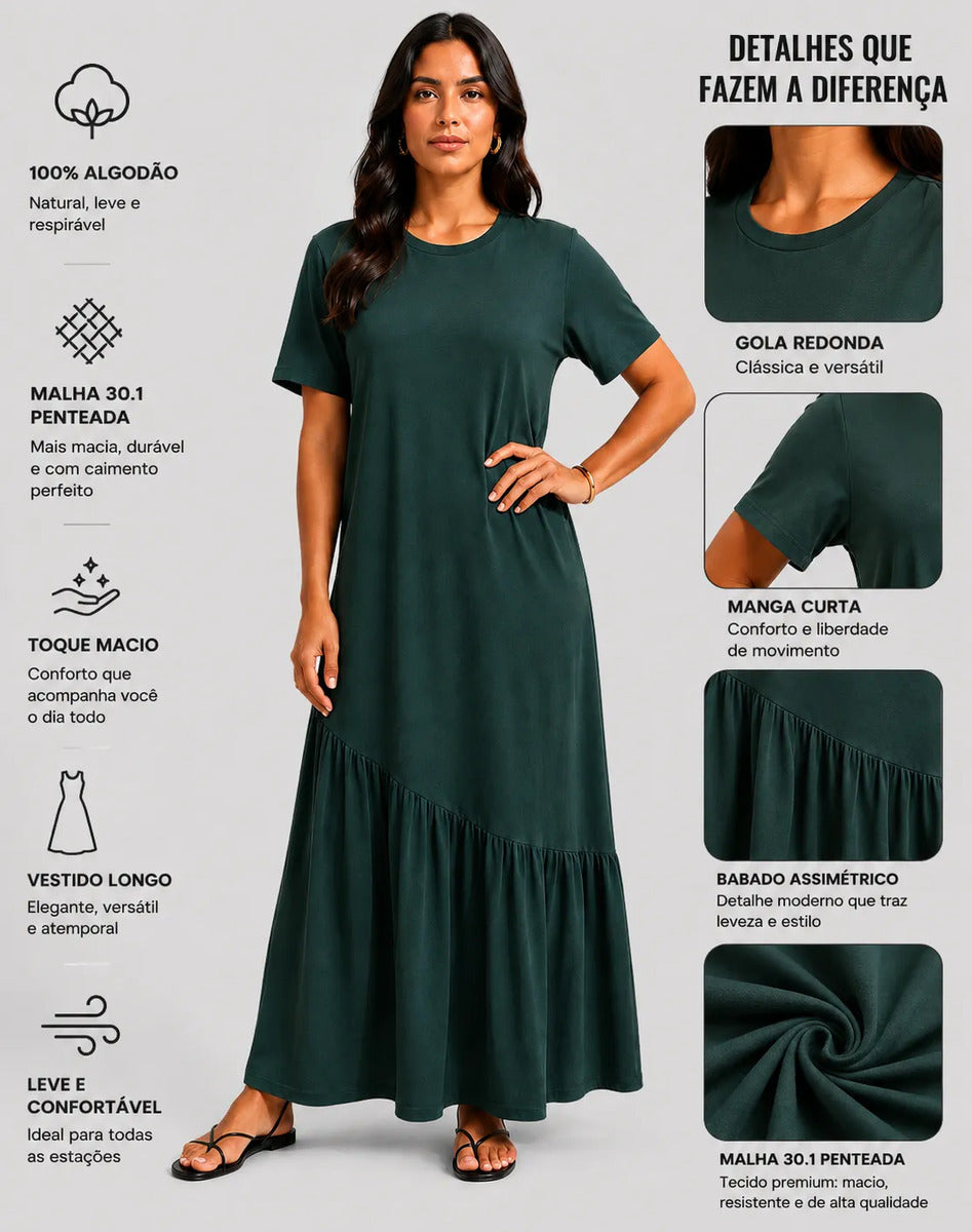 Vestido Longo Feminino Babado Assimétrico Malha Algodão Verde-escuro