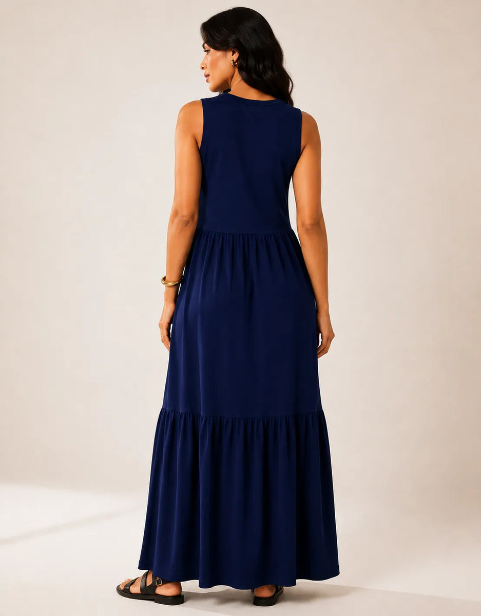 Vestido Longo Feminino Regata Três Marias Algodão Soltinho Azul-marinho