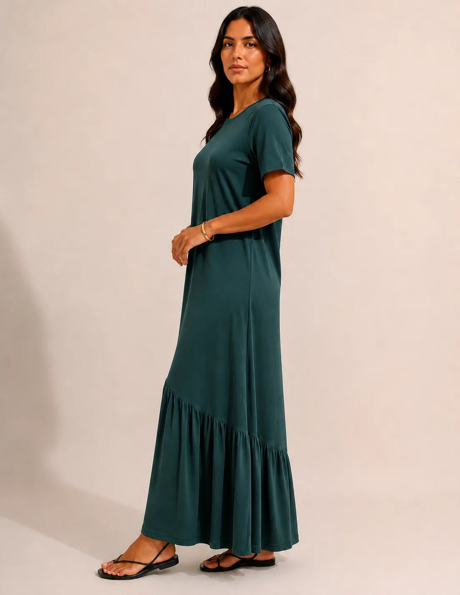 Vestido Longo Feminino Babado Assimétrico Malha Algodão Verde-escuro