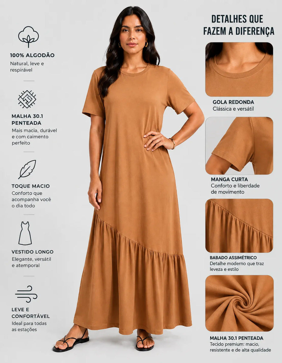 Vestido Longo Feminino Babado Assimétrico Malha Algodão Caramelo