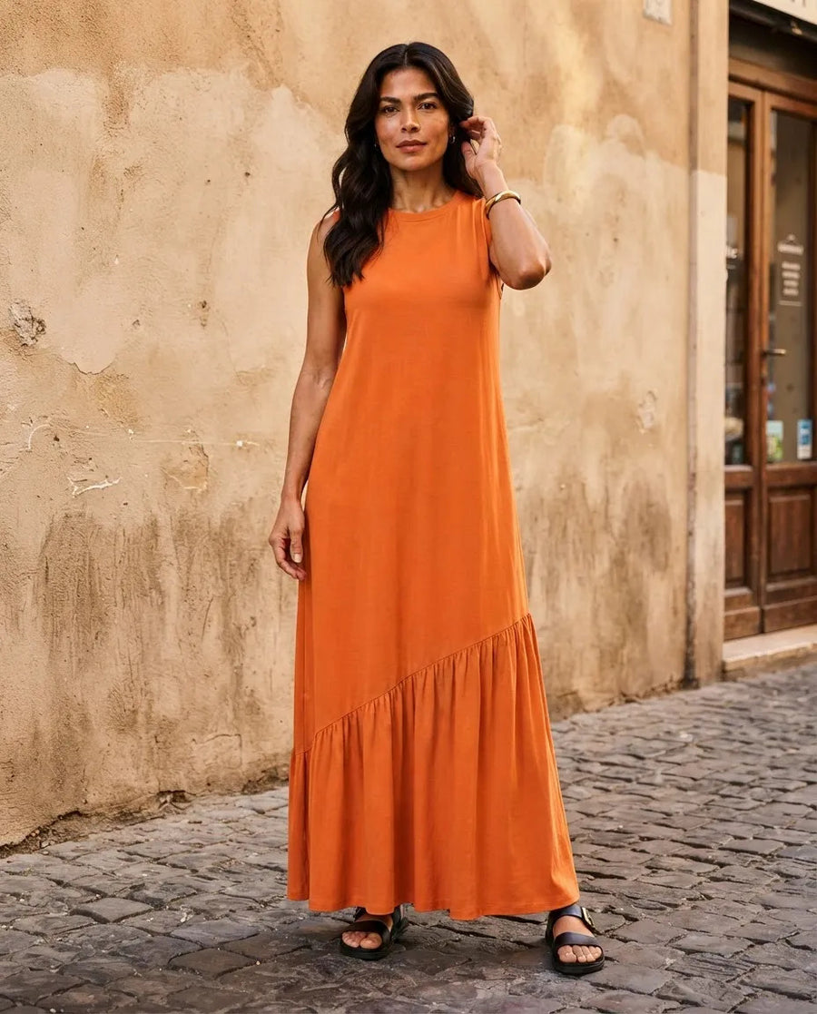 Vestido Longo Feminino Regata Babado Assimétrico Algodão Laranja