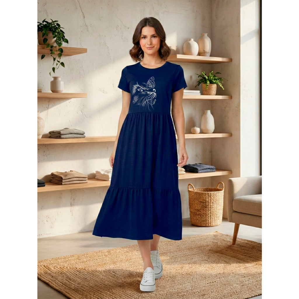 Vestido Midi Três Marias Feminino Aveloz de Algodão Estampa Gato Animal Print