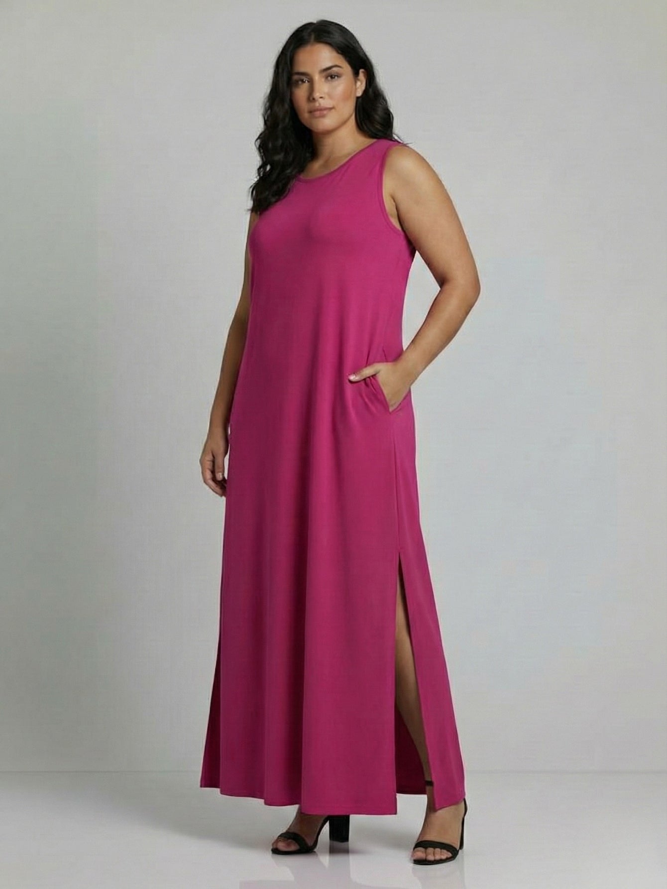 Vestido Longo Aveloz Viscolycra Soltinho Plus Size com Bolso Fucsia