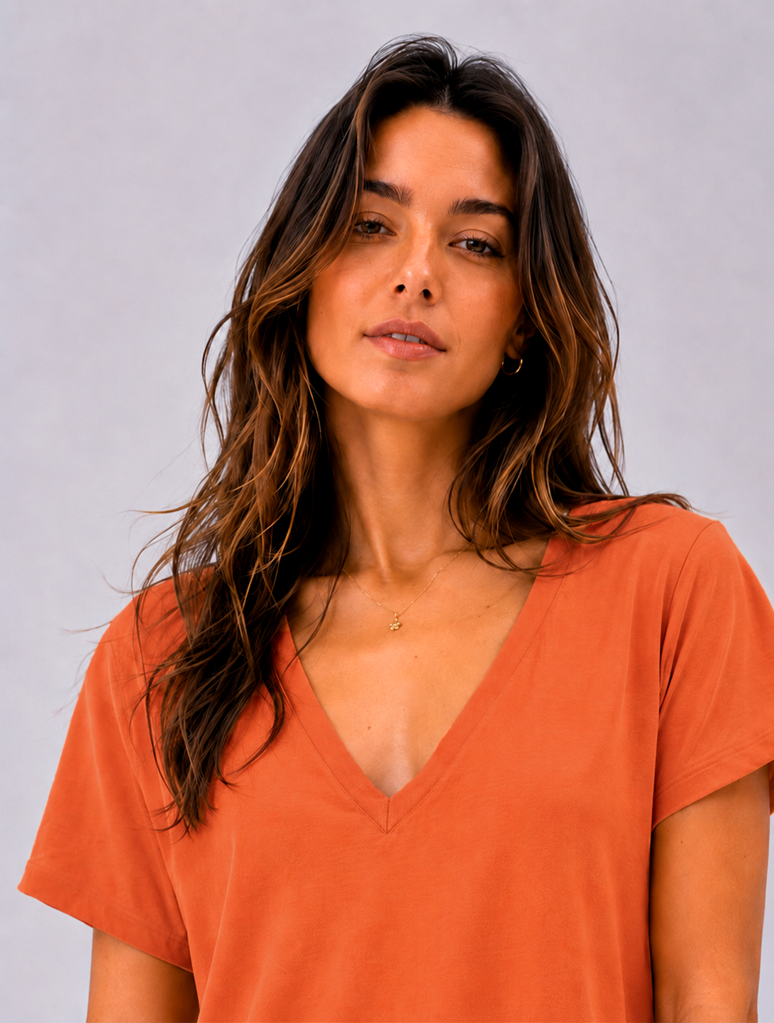 Vestido Longo de Algodão com Bolso Decote V Laranja