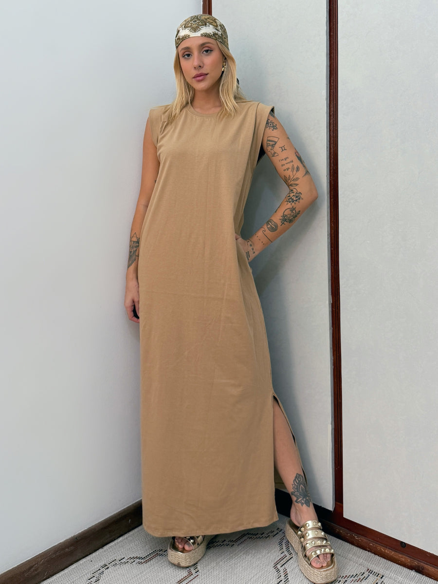 Vestido Longo Muscle Tee em Algodão com Bolso Aveloz Caramelo