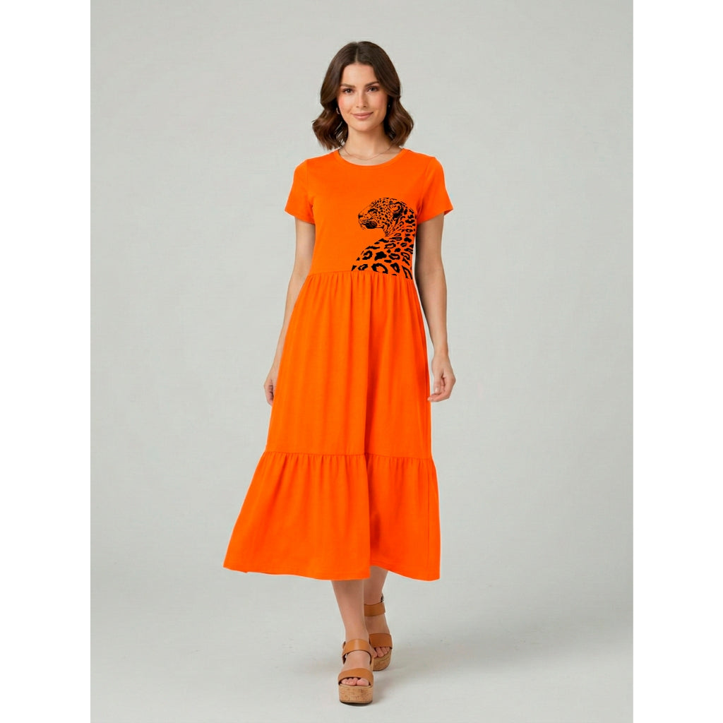 Vestido Midi Três Marias Feminino Aveloz de Algodão Estampa Onça Pintada Animal Print