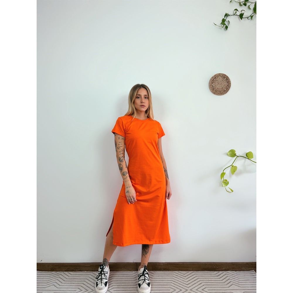 Vestido Mid Camiseta Com Fenda Aveloz Laranja