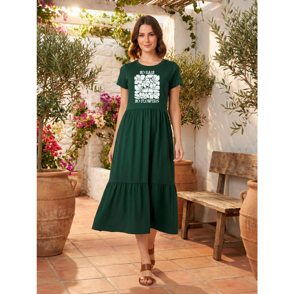 Vestido Midi Três Marias Feminino Aveloz de Algodão Estampa No Rain No Flowers