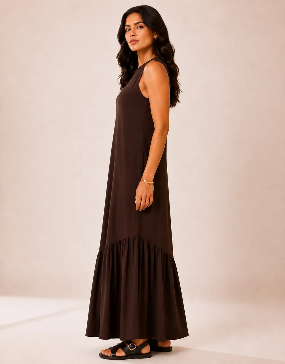 Vestido Longo Feminino Regata Babado Assimétrico Algodão Marrom-escuro