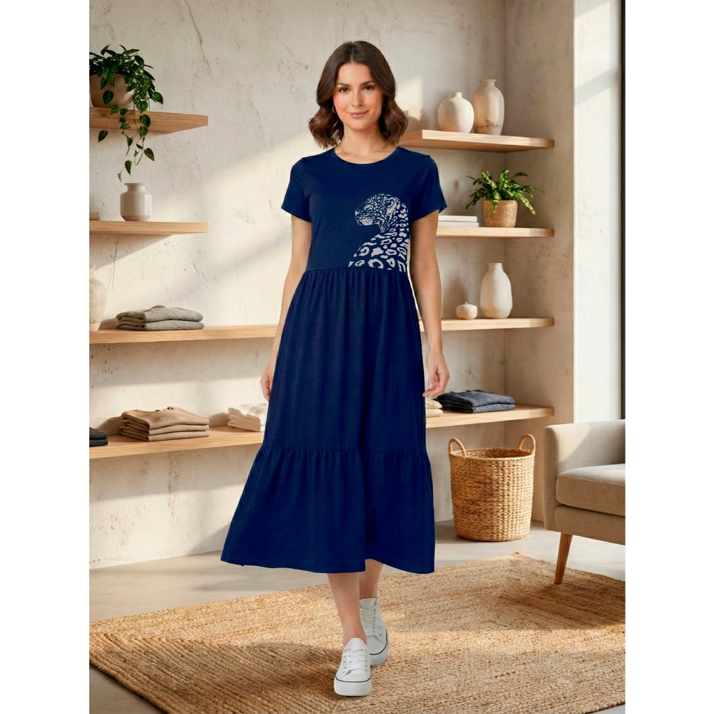 Vestido Midi Três Marias Feminino Aveloz de Algodão Estampa Onça Pintada Animal Print