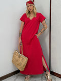 Vestido Longo de Algodão com Bolso Decote V Vermelho