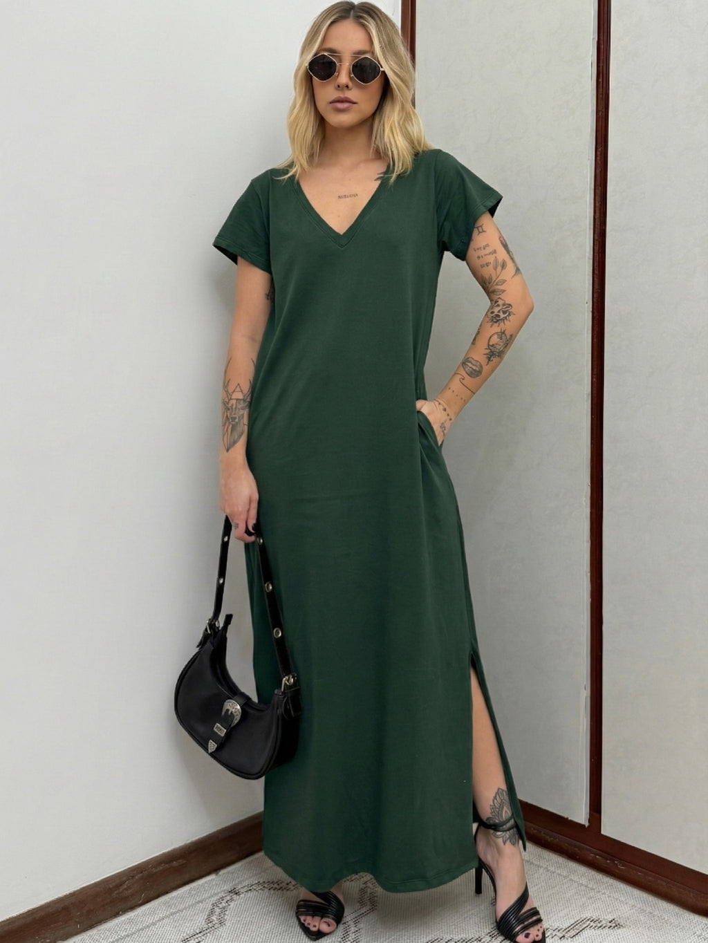Vestido Longo de Algodão com Bolso Decote V Verde Escuro