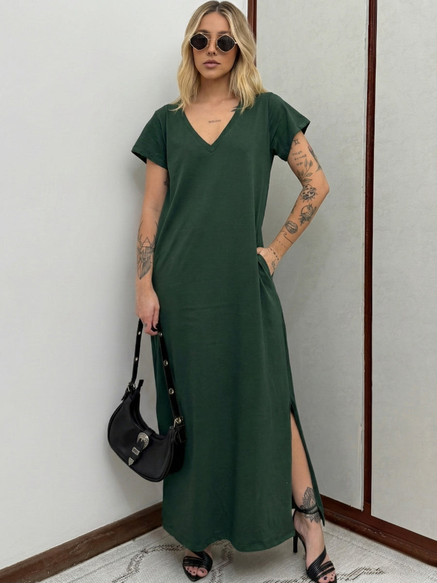 Vestido Longo de Algodão com Bolso Decote V Verde Escuro