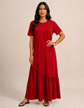 Vestido Longo Feminino Babado Assimétrico Malha Algodão Vermelho