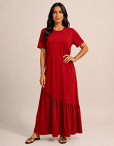 Vestido Longo Feminino Babado Assimétrico Malha Algodão Vermelho