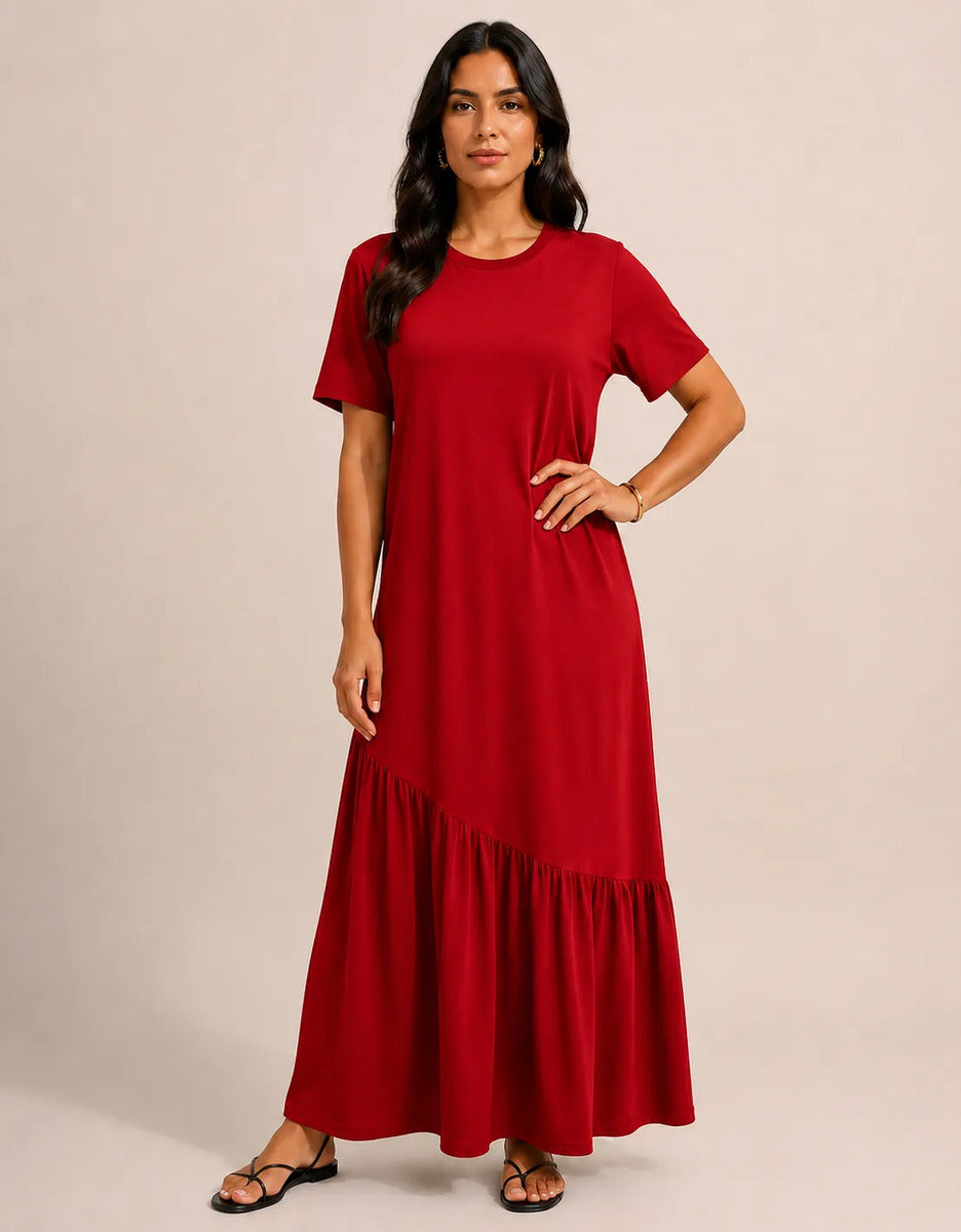 Vestido Longo Feminino Babado Assimétrico Malha Algodão Vermelho